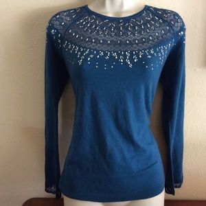 White House Black Market Blue Sweater with Silver Accents